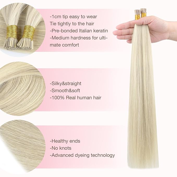 GOO GOO I Tip Hair Extensions, Real Human Hair, 20inch 50g, Cold Fusion, Invisible Remy, 17A/60A Ash Blonde Highlighted Platinum Blonde