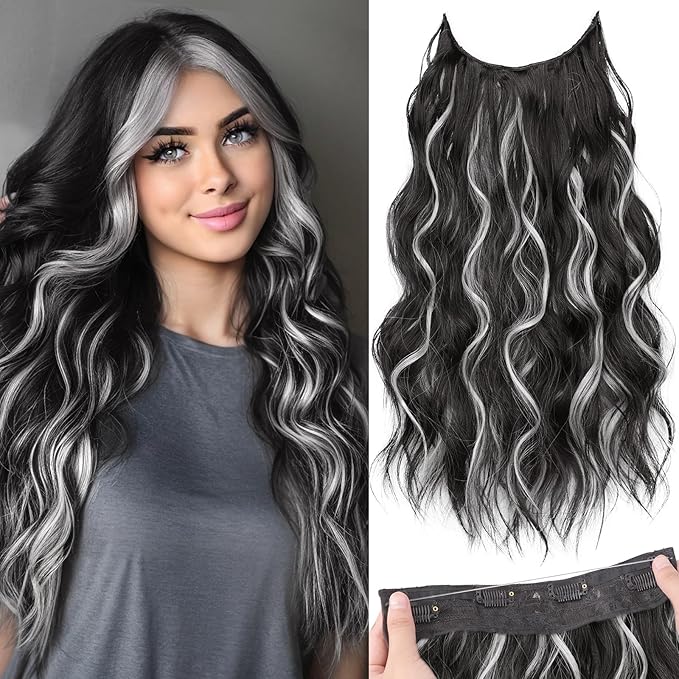 KooKaStyle Invisible Wire Hair Extensions with Transparent Headband Adjustable Size 4 Secure Clips Long Wavy Secret Wire Hairpiece 20 Inch for Women(P22/89A#Black Mix Silver)