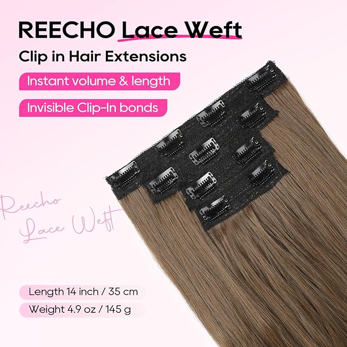 REECHO Clip-in Hair Extensions, 4PCS Lace Weft, 14" Short Wavy, Invisible, Natural Soft Hairpieces for Women, Light Brown