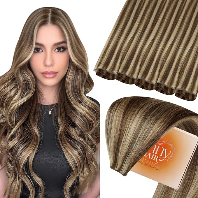 Sunny Hair Genius Weft Hair Extensions Human Hair Brown Highlights 24inch Hand Tied Sew in Hair Extensions Real Human Hair Dark Brown Mix Caramel Blonde Genius Weft Extensions for Women Real Hair