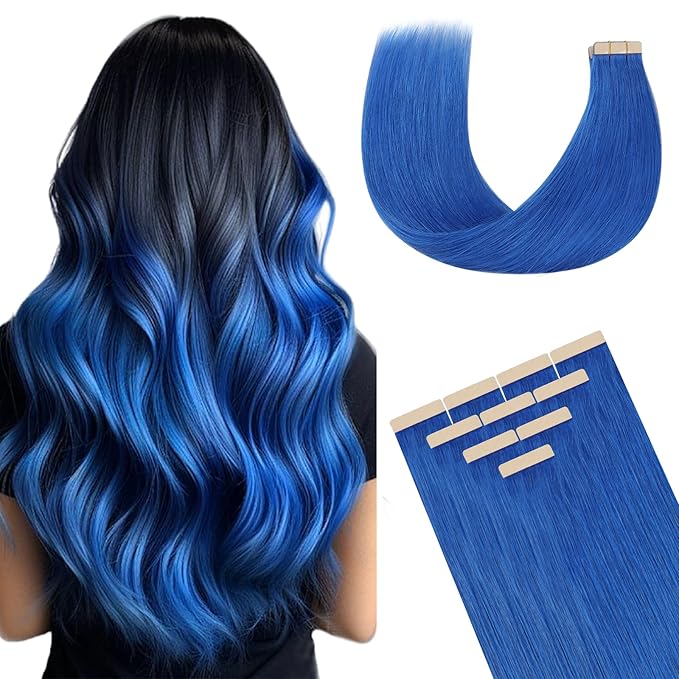 DOORES Tape in Hair Extensions, Blue 22 Inch 10pcs 30g, Natural Straight Human Hair