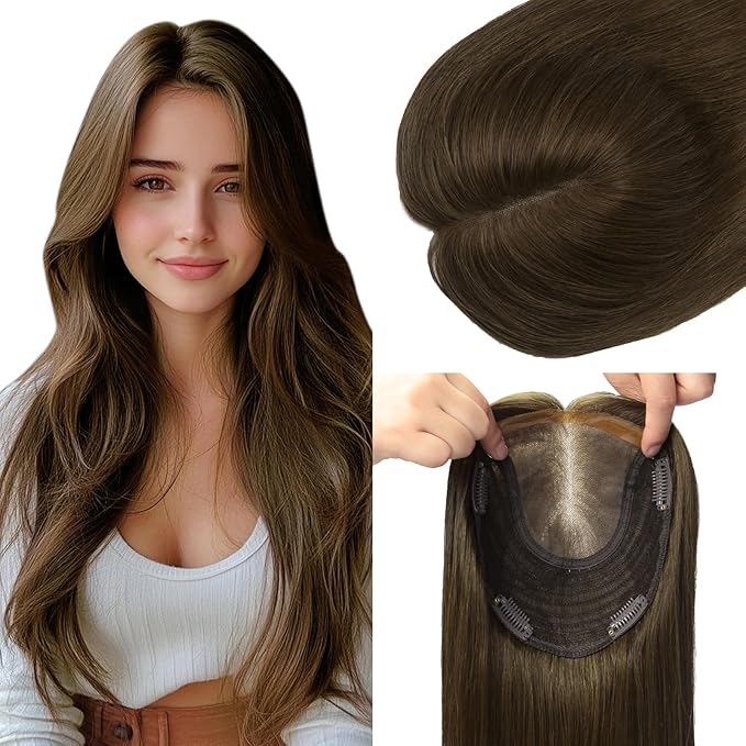 HAIR Toppers for Women Real Human Hair 6x7 inch 150 Density Base 12 inch 55grams medium dark brown Human Hair Topper for Women with Thinning Hair(#4 12inch)