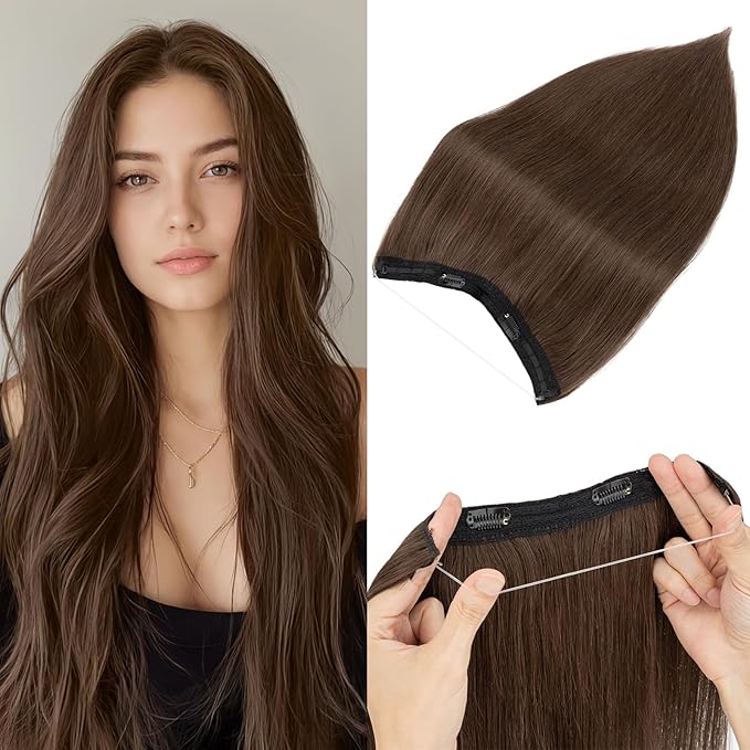 Halo Hair Extensions Real Human Hair,Halo Hair Extension 100% Human Hair, Wire Hair Extensions,Straight Natural Brown 12inch/55g