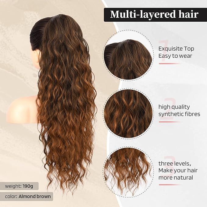 Flufymooz Ponytail Extension, 26 Inch Drawstring Ponytail Hair Extensions for Women， Long Curly Wavy Pony Tail Natural Wavy Synthetic Hairpiece for Women Daily Use party (26 Inch Almond brown)