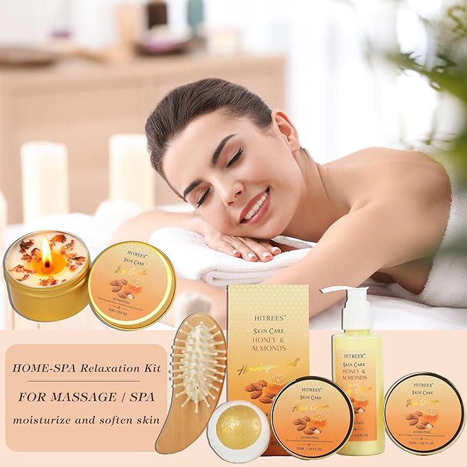Bath Gift Basket Set, Spa Kit Gifts for Women Men, 18 Pc Almond Milk & Honey Large Spa Gift Basket Luxury Bath Set Relaxing Self Care Pampering Gifts for Birthday, Christmas, Mothers Day Gift Baskets