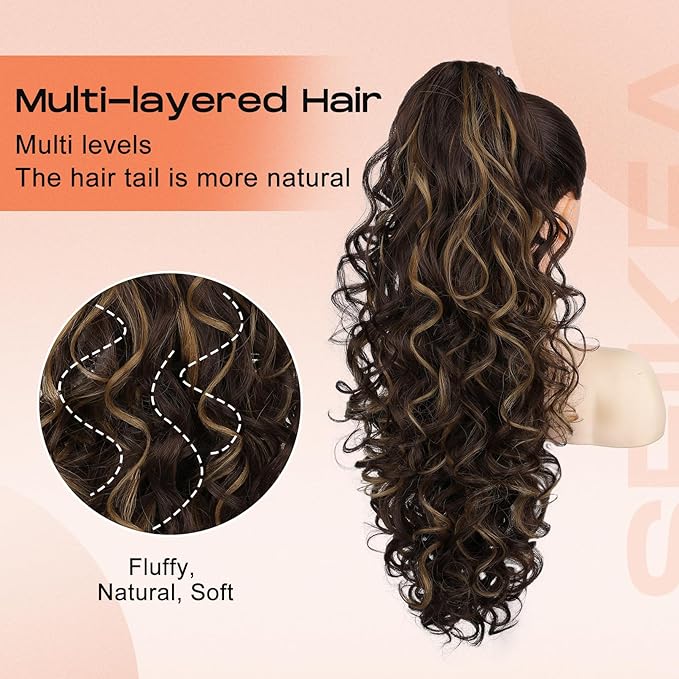 SEIKEA Ponytail Extension, 24" Fluffy Long Wavy Curly Claw Clip Hair Extensions Ponytail Multi-layered Clip in Fake Pony Tails Natural Soft Synthetic Hairpiece Chocolate Brown/Caramel Blonde