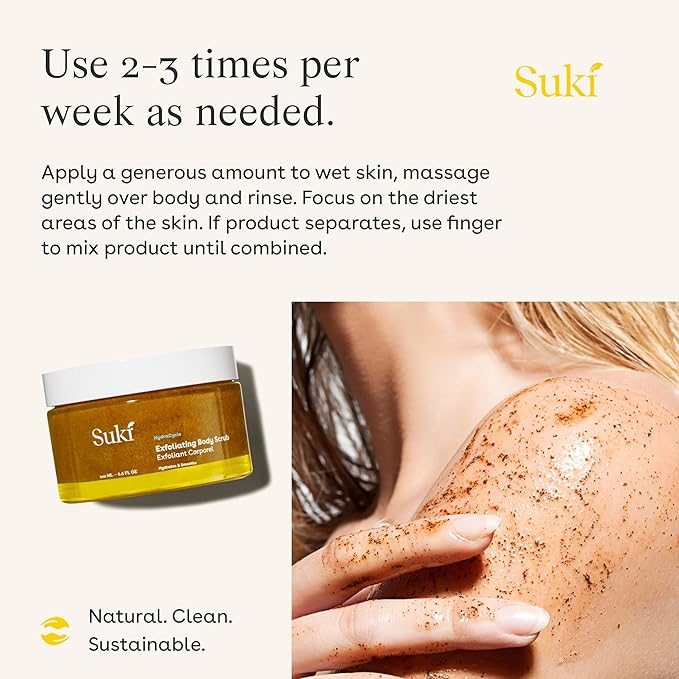 Suki Exfoliating Body Scrub With Calendula Oil and Alpha Hydroxy Acid, Hydrating And Deep Cleaning Sugar Scrub, 6.09 Oz
