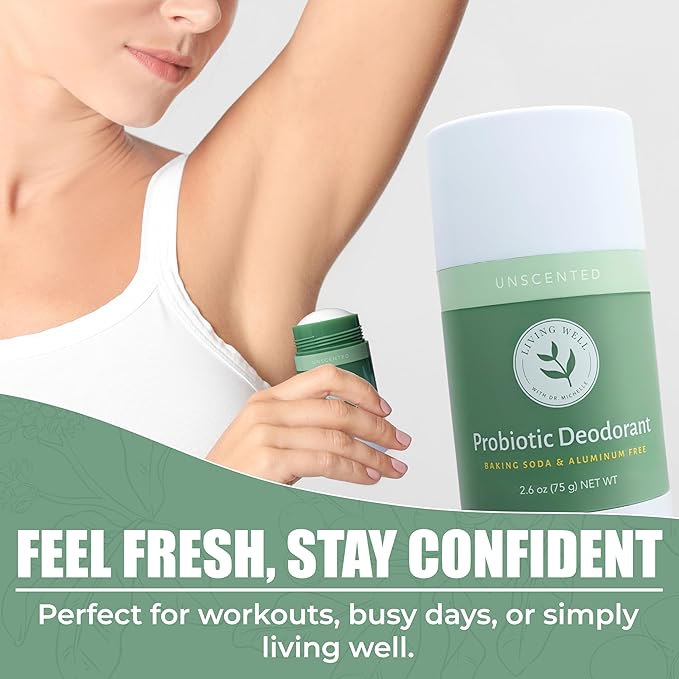 Living Well with Dr. Michelle Natural Probiotic Deodorant Stick | Aluminum-Free, Baking Soda-Free | Unscented & Gentle for Sensitive Skin | Long-Lasting Odor Protection for Men & Women