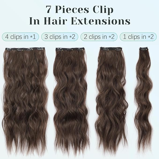 KooKaStyle Clip in Hair Extensions for Women,Chocolate Brown with Dark Brown 7PCS 16 Inch Hair Extensions Clip Ins Soft and Natural Hair Pieces for Women Thick Long Wavy Hair