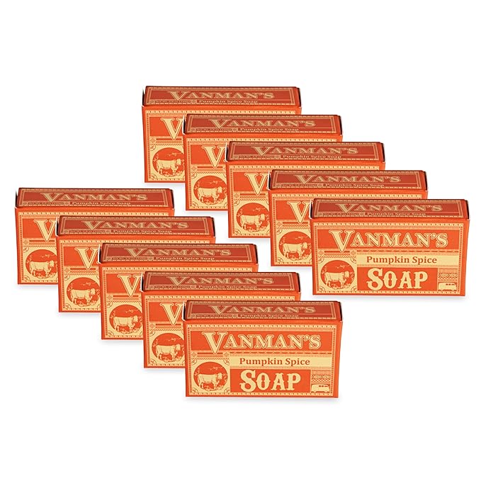 VanMan Pumpkin Spice Body Soap - Grass Fed Finished Suet Beef Tallow & Pumpkin Puree - Nourishing, Hydrating & Moisturizing Natural Bar Soap with Essential Oils - Autumn Scent - 3.8 oz Bar (10 Pack)