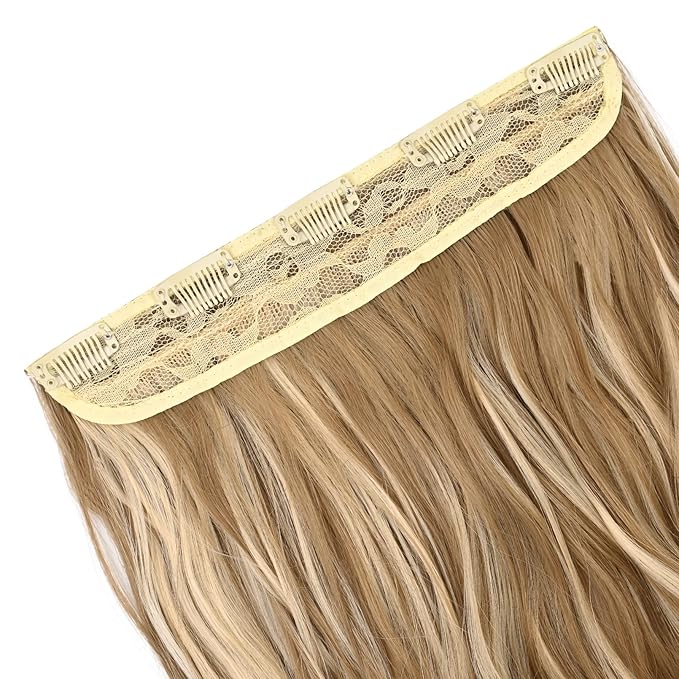 REECHO 20" 1-pack 3/4 Full Head Curly Wave Clips in on Synthetic Hair Extensions HE008 Hair pieces for Women 5 Clips 4.5 Oz Per Piece - Medium Blonde with Blonde Highlights