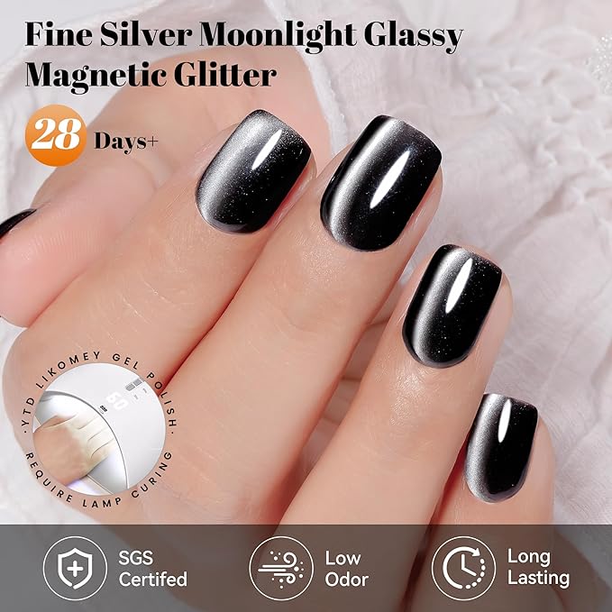 YTD Likomey Cat Eye Gel Nail Polish,Silk Glass 15ml Black Magnetic Shimmer Glitter Moonlight Jelly Shiny Salon Home Fall Winter UV Color Varnish with Magnet Stick,HEMA Free TPO Free,MY501