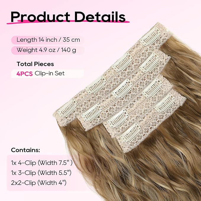 REECHO Clip in Hair Extensions, 4PCS Hair Extensions 14" Short Wavy Invisible Lace Weft Natural Soft Hairpieces for Women – Light Brown with Blonde Highlights