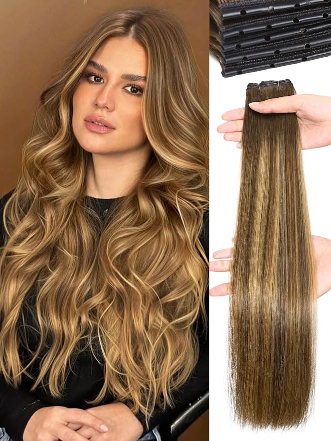 WIGNEE OVO Double Hand-Tied Balayage Hair Extensions – 20 Inch, 100g, 5PCS, Highlight Honey Blonde Remy Human Hair, Genius Invisible Sew-In Weft, Glueless, Seamless Soft Silky Hair Extensions (T4/27)
