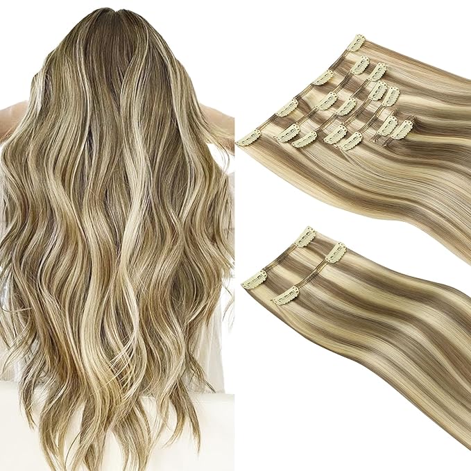 HOTBANANA Clip in Hair Extensions Real Human Hair, 130g 7pcs 18 inch Ash Brown Highlighted Golden Blonde Clip in Human Hair Extensions Straight Remy Hair Extensions Full Head