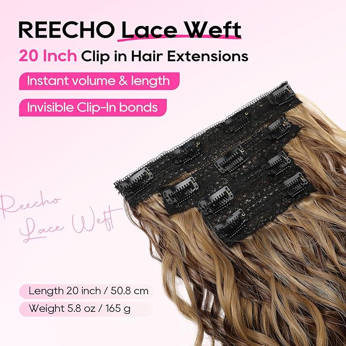 REECHO Curly Hair Extensions, 4PCS 20 inch Clip in Hair Extensions Lace Weft Short Curly Extensions Clip Ins Invisible Natural Hairpieces for Women, Chocolate Brown with Highlights