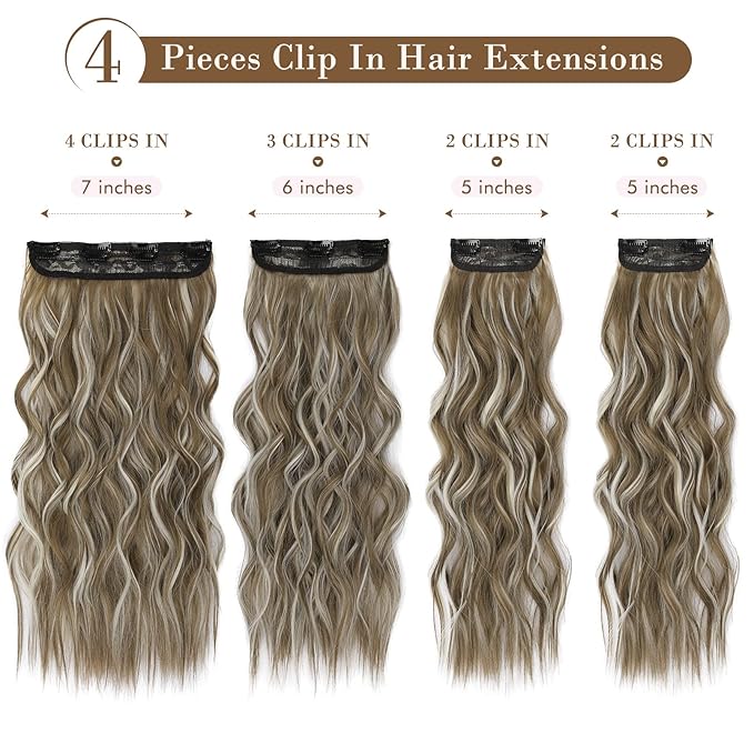 REECHO Hair Extensions, 4PCS Clip in Hair Extensions HE001 Natural Soft Synthetic Hairpieces for Women, Light Brown with Highlights