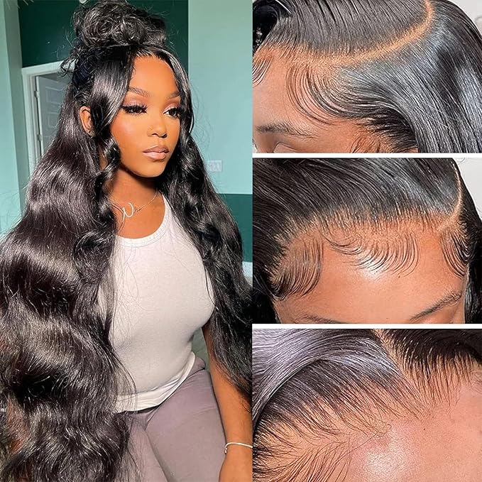 Aicrelery 34 Inch 13x6 HD Lace Front Wigs Human Hair Body Wave 13x6 Lace Frontal Wig Pre Plucked Bleached Knots With Baby Hair 180 Density Brazilian Human Hair Wigs for Women Natural Black