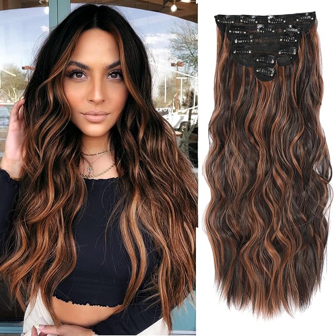 NAYOO Clip in Hair Extensions for Women 20 Inch Long Wavy Curly Auburn Mix Chestnut Hairpieces Full Head Synthetic Hair Hairpieces(6PCS,Auburn Mix Chestnut)