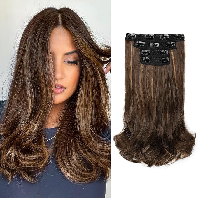 REECHO Clip in Hair Extensions - 4PCS Lace Weft 14" Short Wavy Invisible Clip Ins, Natural Soft Hairpieces for Women, Dark Brown With Highlights