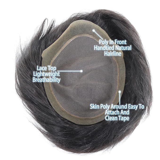 6x8 7x9 Hair Men’s Toupee Mono Lace PU Hairpiece Replacement Capillary Prosthesis System 100% Human Hair Breathable Durable Males Wig Natural Black (Q6, 8X10)