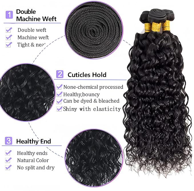 Water Wave Bundles 100% Unprocessed Human Hair Extensions, Natural Black, 24 Inch