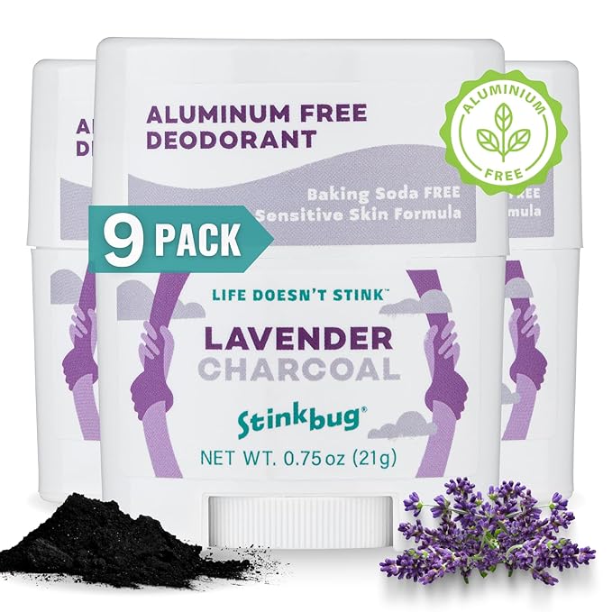 Stinkbug Naturals Organic Aluminum Free Travel Size Deodorant Stick with Lavender, Coconut Oil and Activated Charcoal, 0.75 Ounce Pack of 9