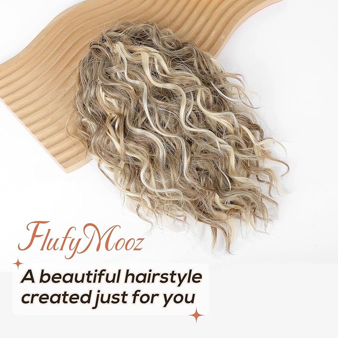 Flufymooz Ponytail Extension, 12" Short Claw Ponytail Extension Wavy Curly Jaw Clip in Pony tails Hair Extension Natural Synthetic Hairpiece for Women (Honey Blonde with Blonde Highlights)