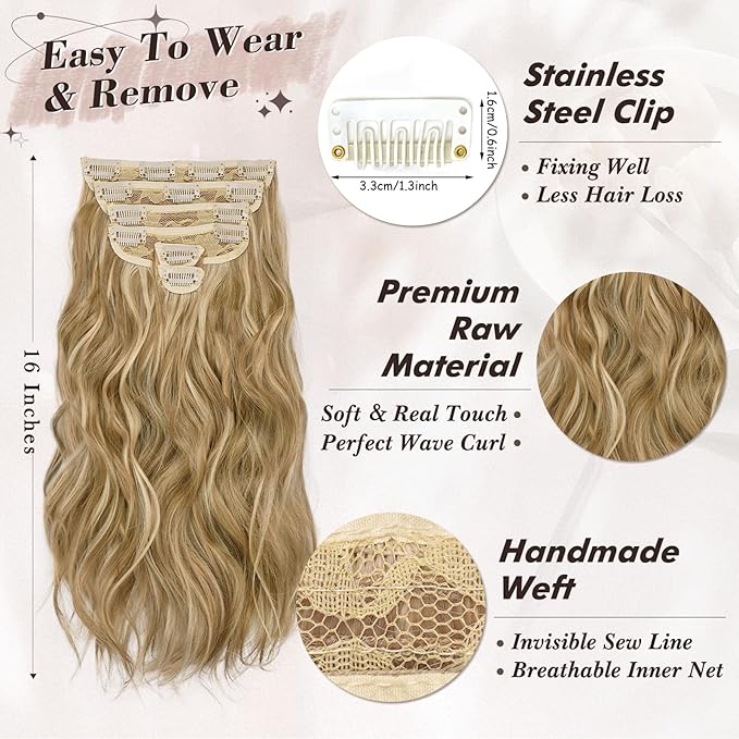 BARSDAR Golden Blonde Clip in Hair Extensions - Golden Blonde Highlight Wavy Clip in Hair Extensions for Women - 16 Inch 6 PCS Voluminous Thick Soft Synthetic Beach Wavy Hairpieces Daily Party