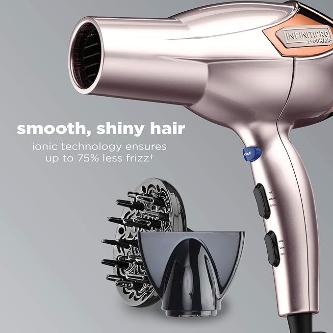 INFINITIPRO BY CONAIR Hair Dryer with Diffuser | Volume and Shine Pro AC Motor Blow Dryer | Includes Diffuser and Concentrator | Rose Gold