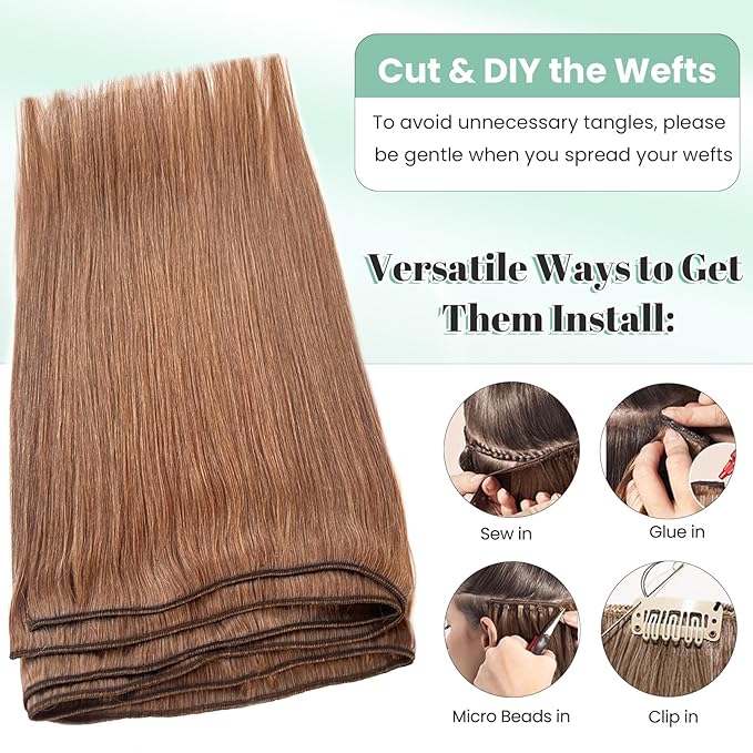 Auburn Brown Weft Hair Extensions Bundles 16 Inch 100G Hand Tied Hair Extensions Real Human Hair Weave Sew in Double Weft Silky Straight #30 Auburn Human Hair Weft Bundles