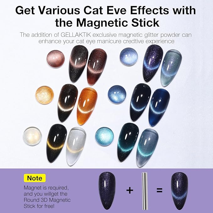 Cat Eye Gel Nail Polish Set, 6 Colors 12ML - 9D Glassy Holographic Glitter, Magnetic Nail Art Kit with Magnet, Soak Off UV LED Gel for DIY Home Salon Manicure Gift for Women
