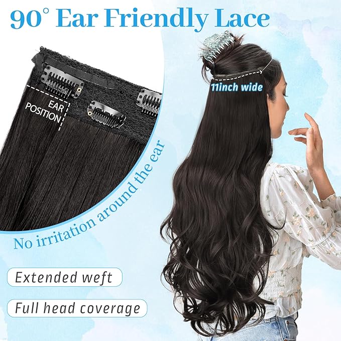KooKaStyle Invisible Wire Hair Extensions 24‘’ Long Wavy Layered Synthetic Clip in Hair Extensions with Transparent Wire Adjustable Size 6 Secure Clips Dark Brown Thick Hairpieces for Women 24Inch