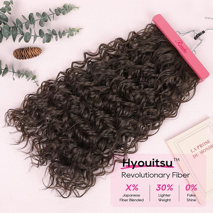 REECHO Curly Hair Extensions, 4PCS 24 inch Clip in Hair Extensions Lace Weft Short Curly Extensions Clip Ins Invisible Natural Hairpieces for Women, Chocolate Brown