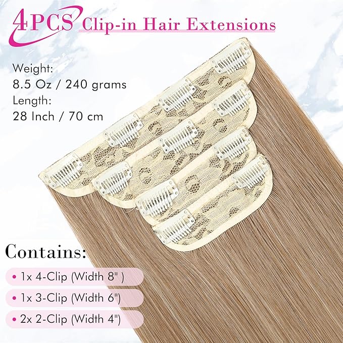 REECHO 28" Straight Super Long 4 PCS Set Thick Clip in on Hair Extensions Dark Blonde
