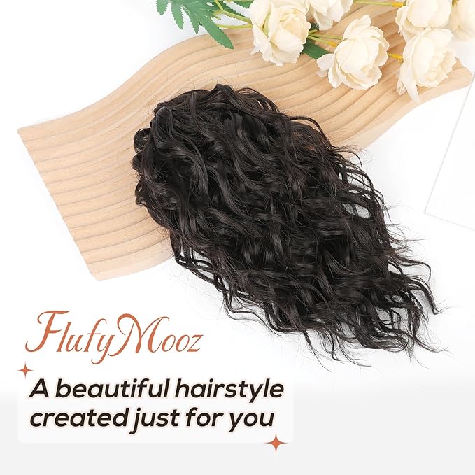Flufymooz Ponytail Extension, 12" Short Claw Ponytail Extension Wavy Curly Jaw Clip in Pony tails Hair Extension Natural Synthetic Hairpiece for Women (Black Brown)