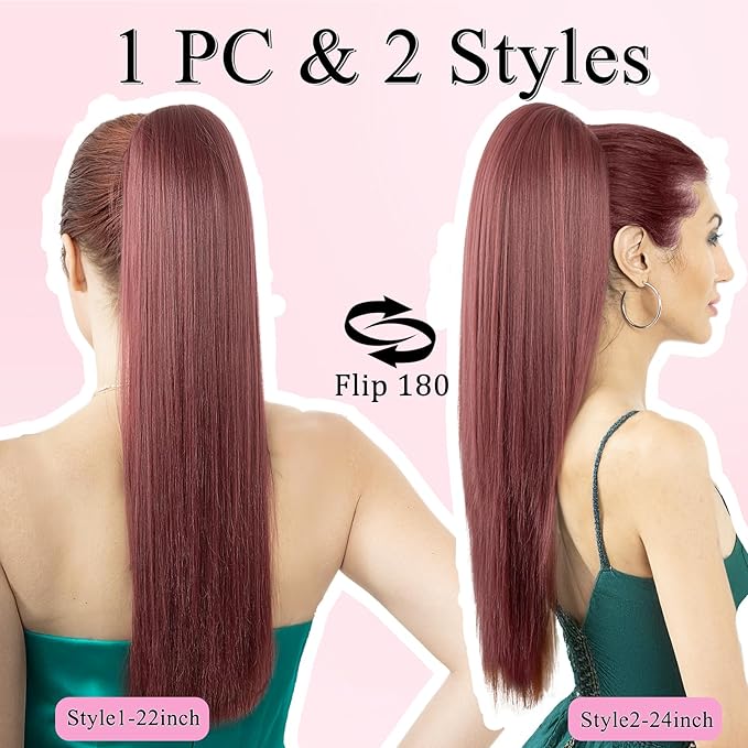Ponytail Extension, 24" Long Straight Claw Clip Ponytail Extension clip on ponytails hair clip Hair claw clip Fake Ponytail Hairpieces for Women - Wine Red