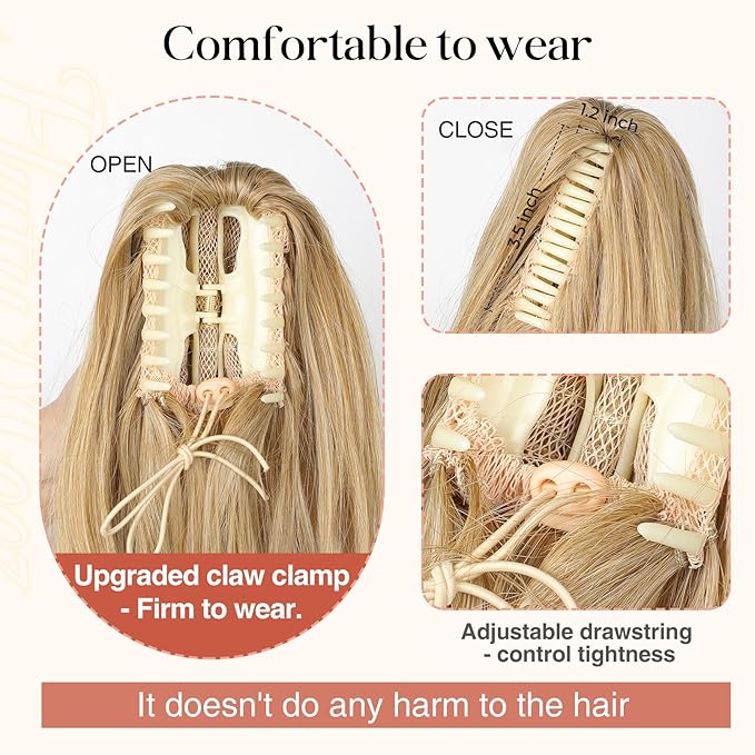 FLUFYMOOZ 26" Ponytail Extension, Long Wavy Curly Claw Clip in Ponytail Hair Extensions, Natural Synthetic Hairpiece for Women Daily Wear(Medium Brown Ash Blonde)
