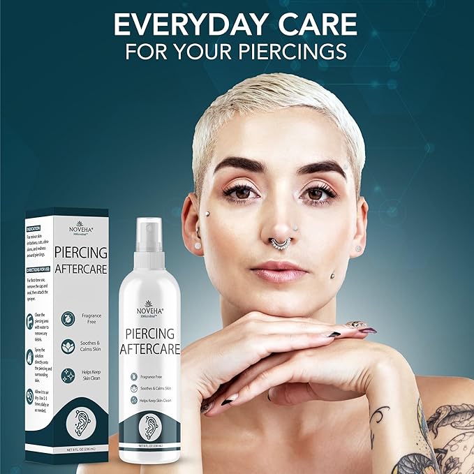 NOVEHA Piercing Aftercare Spray - Fast Cleaner Solution for Ear, Nose, and Belly Piercings - Keloid and Bump Cleaning with Hypochlorous Acid - 8 oz Bottle