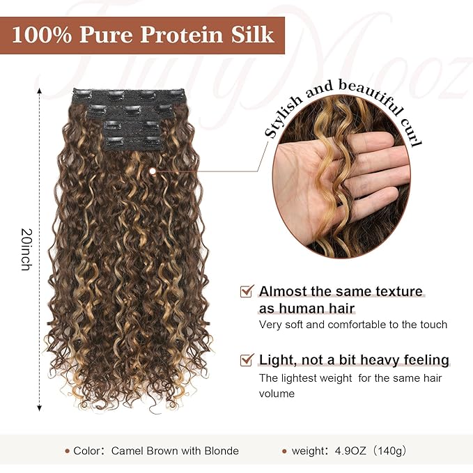 Clip in Hair Extensions, FLUFYMOOZ 4PC 100％ Pure Protein Silk Hair Extensions Long Soft Natural Hairpiece 20 Inch Curly Hair Extension for Women (Dark Golden Brown with Highlight)