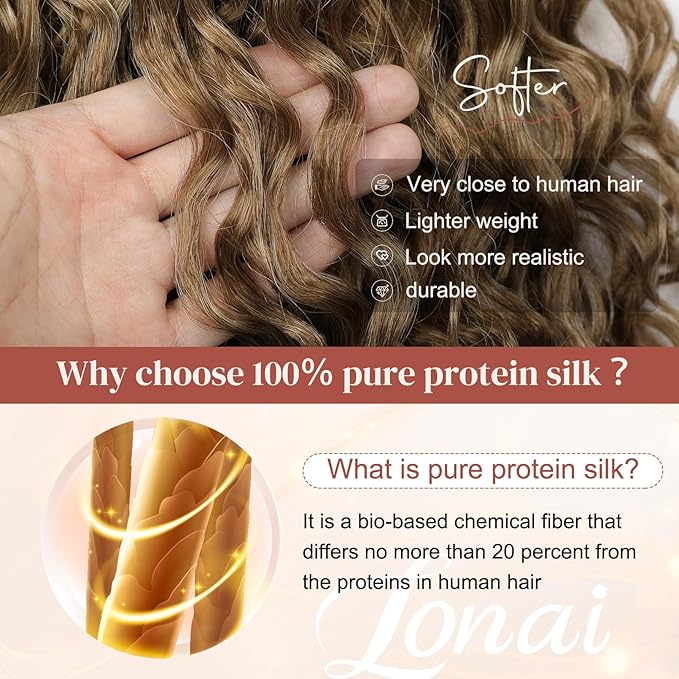 LONAI 4PC Clip in Hair Extensions, 100％ Pure Protein Silk Curly Hair Extension for Women, 26 Inch Long Soft Natural Hair Extensions-Dark Blonde to Light Brown