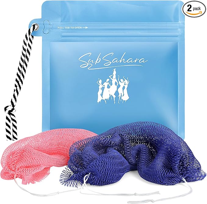 SubSahara African Exfoliating Net Sponge Authentic - 2 Pieces Scrubber for All Skin Types, Ideal for Face & Body Daily Use, Durable, Travel Portable (Blue & Pink)