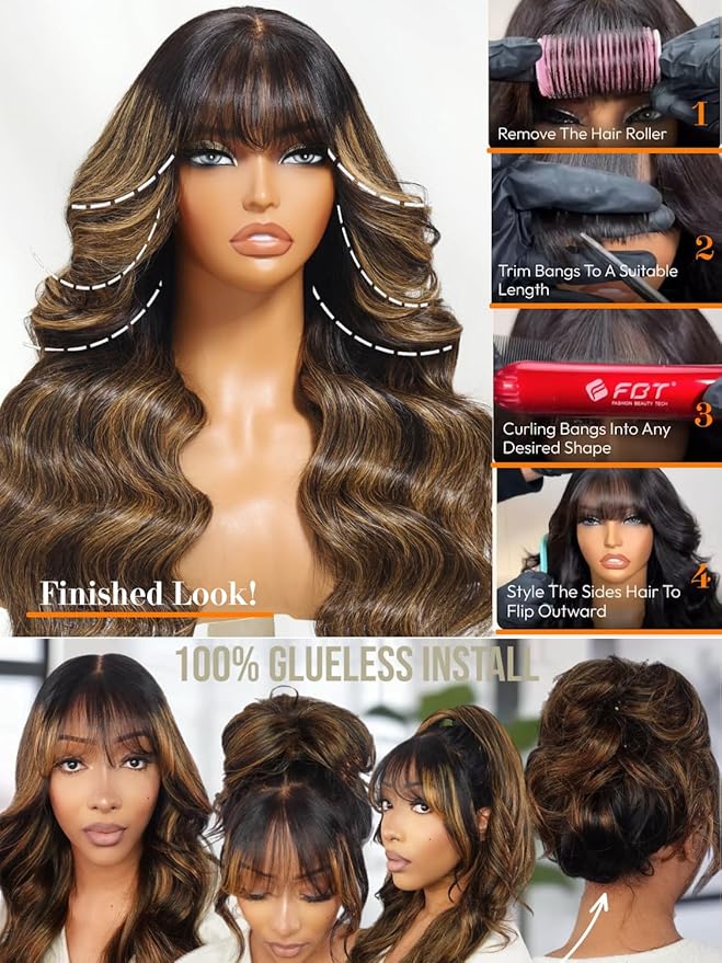 Julia Hair Pre Everything Glueless 13x4 HD Lace Front Wigs Human Hair Pre Plucked Pre Cut Balayage Highlight Body Wave Curtain Bangs Bye Bye Knots Drawstring Wigs Ready to Wear Frontal Wig 20 Inch