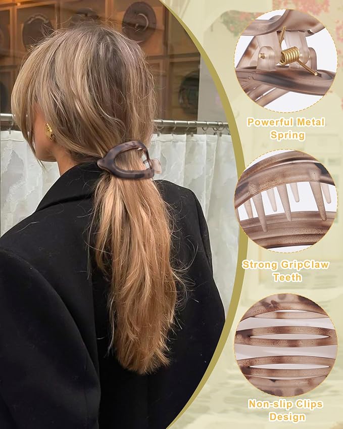 6 PCS French Flat Hair Clips for Women 2 Styles Large Matte Flat Claw Clips Strong Hold No-Slip Duckbill Hair Barrettes for Lying Down, Driving,Yoga(Leopard)
