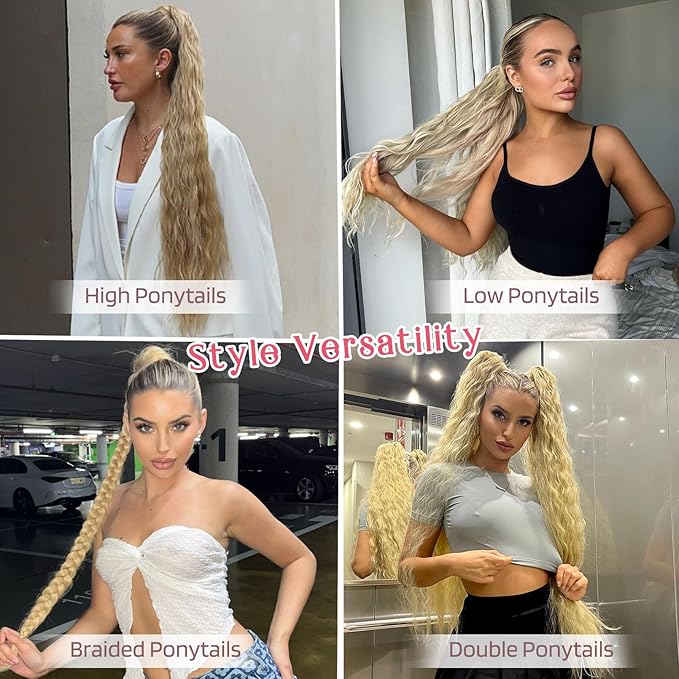 HOOJIH Ponytail Extension, 34 Inch Extra Long Drawstring Ponytail Black Brown Pony Tails Hair Extension Flurry Wavy Ponytails Soft Upgraded Synthetic Fiber Fake Ponytail Hairpiece for Women