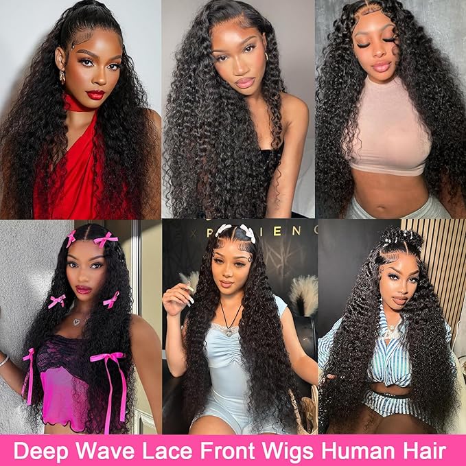 32 Inch 13x6 Deep Wave Lace Front Wigs Human Hair Wigs for Women 200 Density HD Transparent Deep Curly Lace Frontal Wigs Human Hair Pre Plucked with Baby Hair Natural Color