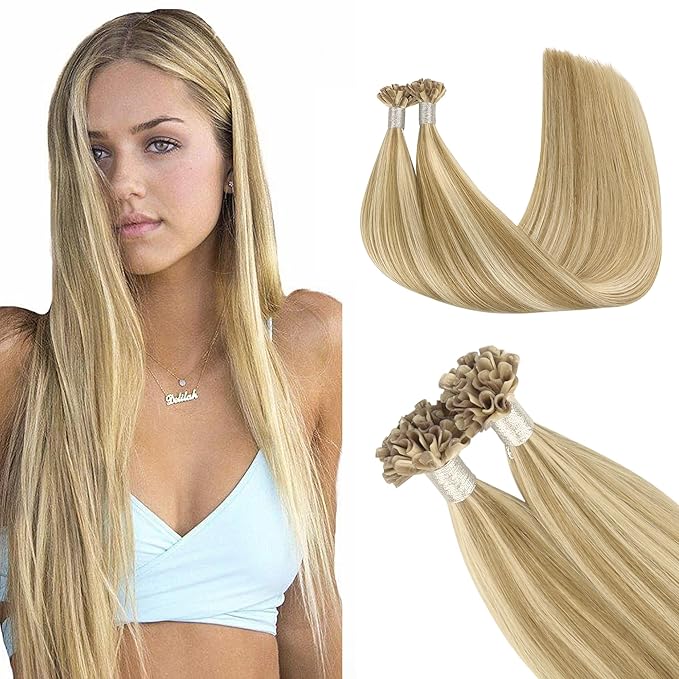 GOO GOO U Tip Real Human Hair Extensions, 18inch 50g 50S, Hot Fusion, Invisible Remy, 16/22 Light Blonde Highlighted Golden Blonde