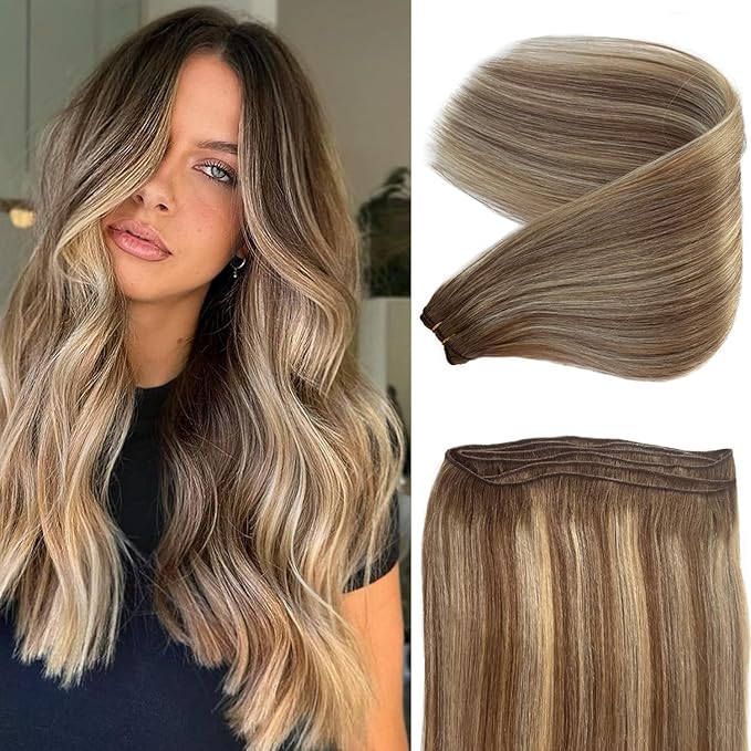Sew in Hair Extensions Brown Balayage Blonde Weft Hair Extensions Real Human Hair Hand Tied Straight Ash Brown and Blonde Highlight Ombre Human Hair Weft Bundles Sew in 16 Inch 100G