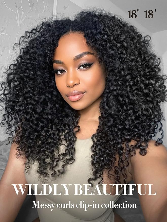 LUVME Burmese Curly Clip in Hair Extensions Real Human Hair Messy Curly Clip Ins Fullness with 2 Pack for Women Brazilian Remy Human Hair Natural Black 135g 18Inch