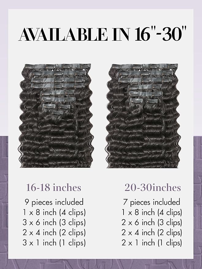LUVME Hair Extensions Natural Black 24 Inch 135g 7pcs Real Human Hair Loose Deep Wavy Remy Clip in Human Hair Extensions Thick Hair